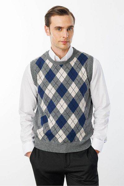 Desen Triko Men's Crew Neck Front Top Argyle Patterned Wool Suvet Smoked