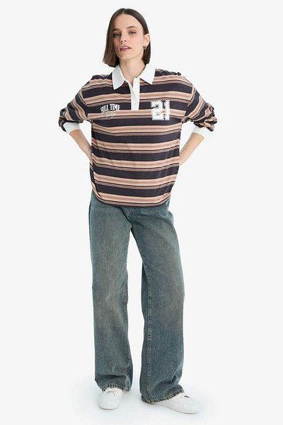 DeFacto Loose Fit Striped Polo Neck Sweatshirt E7887Ax25Sp