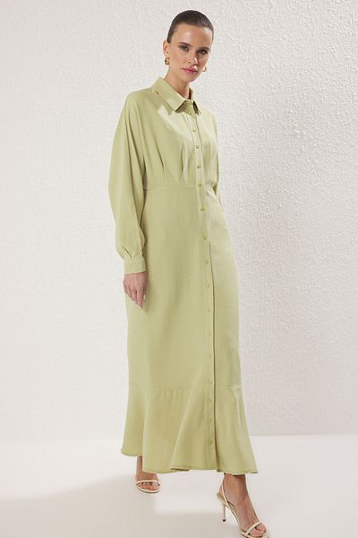 Trendyol Modest Khakifarbenes, gewebtes Hemdkleid mit Leinenanteil TCTSS25EB00103