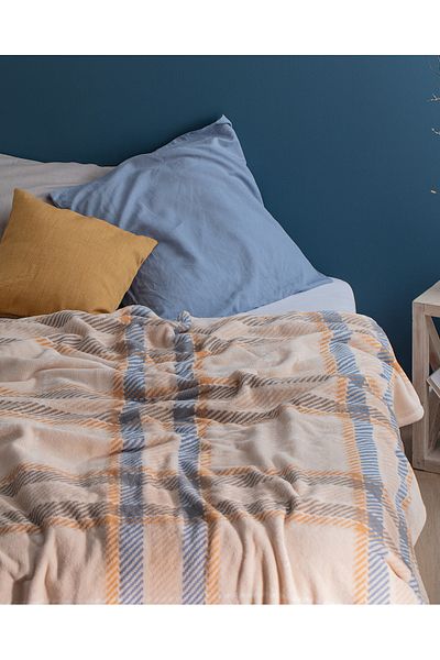 Madame Coco Antonin Welsoft Fleecedecke mit Aufdruck, für Doppelbett, Beige/Blau