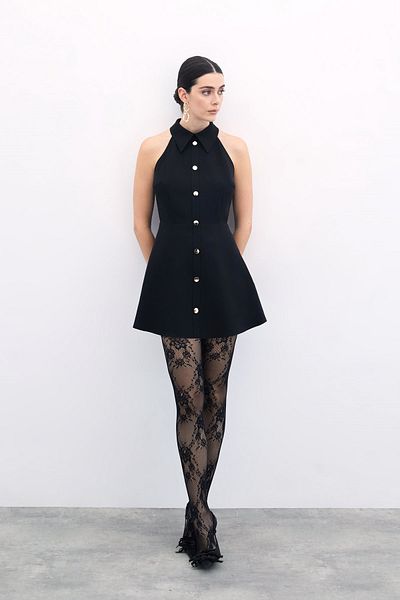Sateen Snap Fastener Short Dress - Black