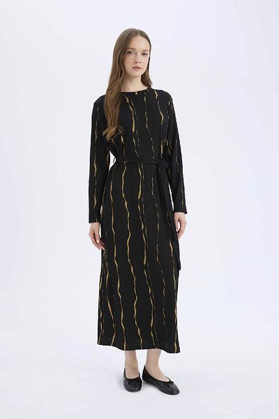 DeFacto Regular Fit Crew Neck Print Long Sleeve Wrap Maxi Dress E5461Ax25Sp