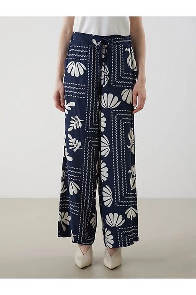 LC Waikiki Lcw Modest Navy Elastic Waist Pattern Wide Leg Women's Trousers