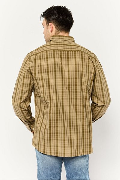 Nautica قميص رجالي كاجوال بأكمام طويلة ومربعات بقصّة Slim Fit، لون بني/زيتوني