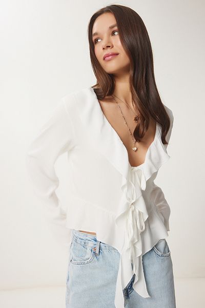 Happiness İstanbul Damen Ecru Rüschen Sommer gewebte Bluse XG00001