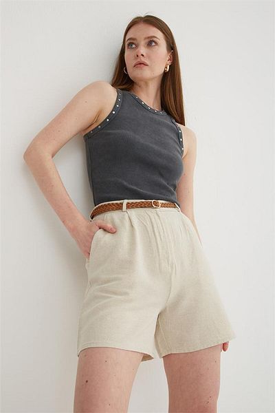 Fashion Friends Pantaloni scurți confortabili din in, cu talie înaltă - plisate naturale