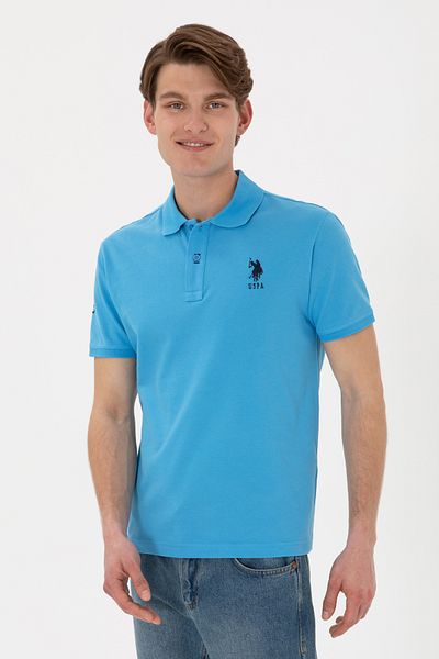 U.S. Polo Assn. تي شيرت رجالي ذو قصة ضيقة وياقة بولو باللون الفيروزي الأساسي