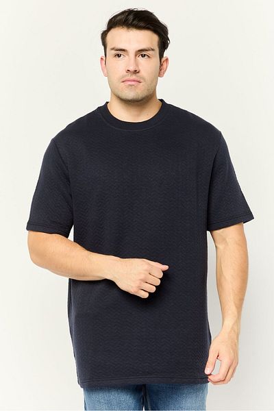 Threadbare تي شيرت رجالي برقبة مضلعة وأكمام قصيرة ونقشة متعرجة، أزرق داكن