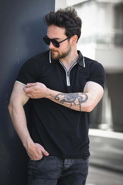 Oksit Tricou pentru bărbați, cu guler polo, cu fermoar, cu dungi Calep