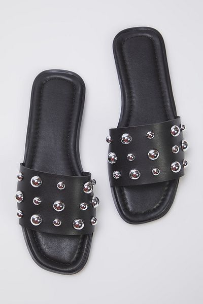TRENDYOL SHOES Czarno-srebrne, stylowe damskie kapcie Troc Stone TAKSS25TE00013