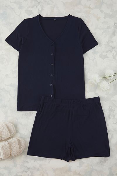 Trendyol Curve Navy Blue V-Neck Button Knitted Pajamas Set Tbbss25Ai00108