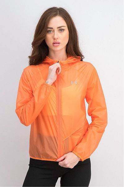 Under Armour جاكيت جري بغطاء للرأس بأكمام طويلة وقصّة عادية للنساء، برتقالي