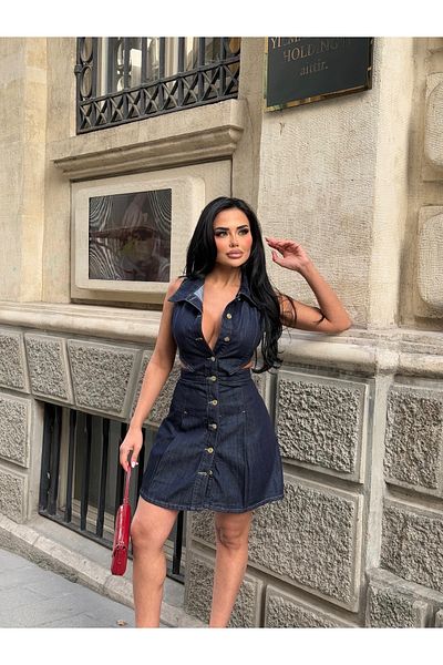 LB Laluna Butik Women's Navy Blue Buttoned Denim Dress with Waist Detail