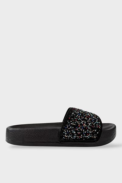 Liger Women's Stylish Summer Slippers - Black/Red Slippers with Stones for Home and Beach Vacation