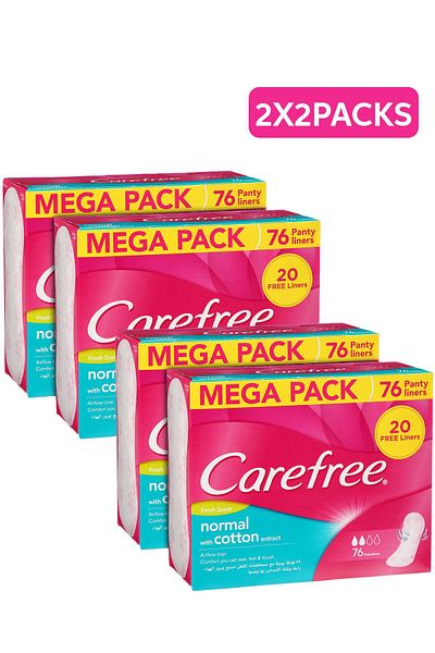 Carefree Daily Panty Liners, Fresh Scent, Cotton Feel Normal, Pack of 76 (1+1 Free) x2