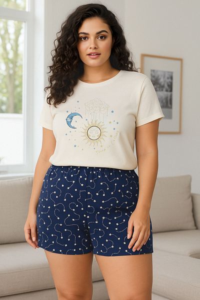 Trendyol Curve Navy Blue Galaxy Pattern Knitted Pajamas Set Tbbss25Ai00106