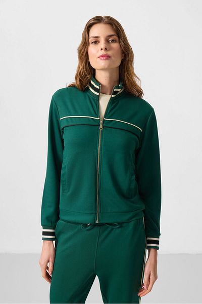 TOMMY LIFE Tricotaj verde cu textura moale, guler vertical, costum de trening supradimensionat pentru femei - 95350