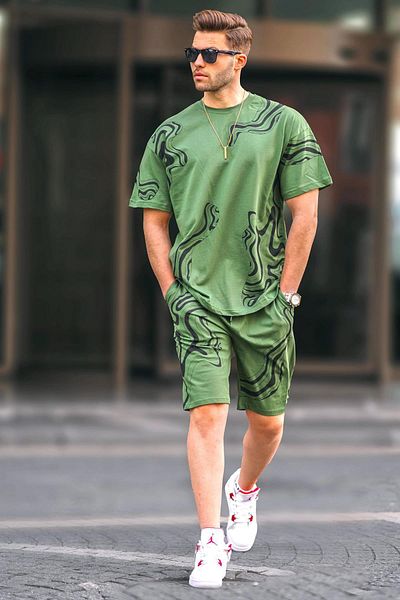 Madmext Khakifarbenes gemustertes Shorts-Set für Herren 5948