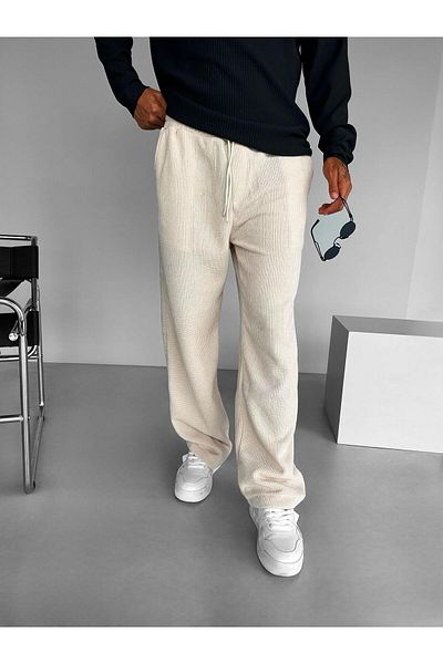 ablukaonline Beige Men's Knitted Pants - Baggy Fit with Elastic Waist and Texture