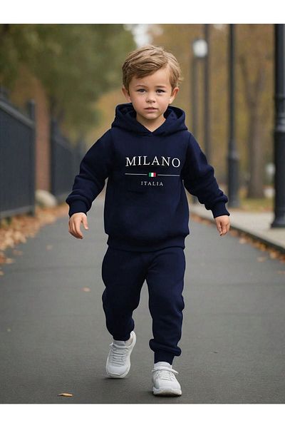 DUBU BUTİK Milano Italia nyomott pamut kapucnis öltöny sötétkék - lány fiú