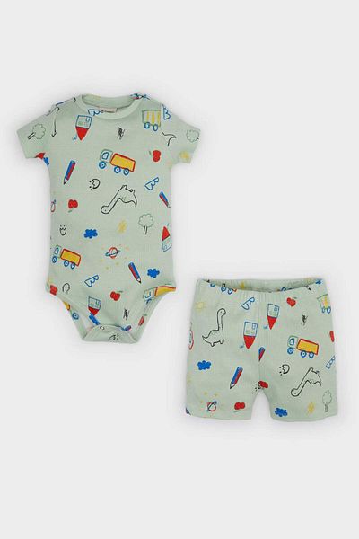 DeFacto 2-teiliges Set für Babys, Jungen, Dinosaurier, bedruckt, kurzärmelig, geripptes Leibchen, Druckknopfverschluss, elastische Shorts an der Taille, E