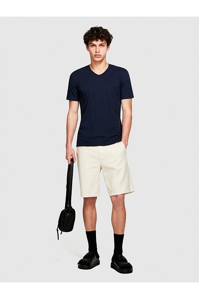 Sisley تي شيرت رجالي 100% قطن برقبة على شكل حرف V تي شيرت أزرق داكن - 324P3WF0S4001