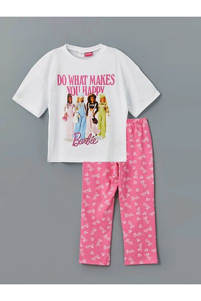 LC Waikiki Lcw Kids White Crew Neck Barbi Printed Girls Pajama Set