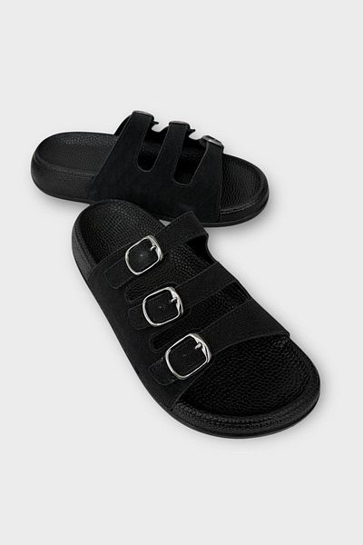 Liger Women's Three Band Adjustable Buckle Slippers Black