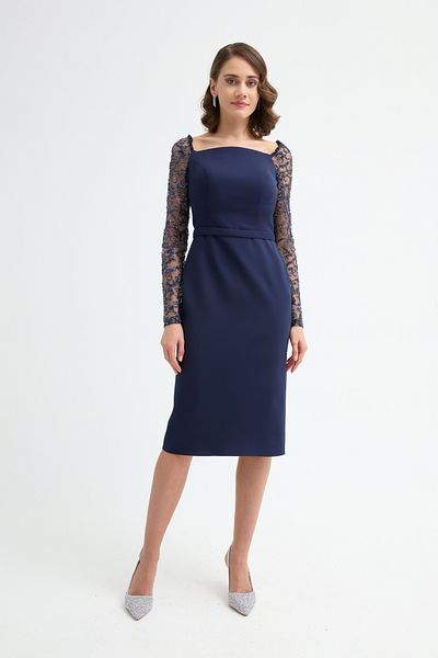 Lafaba Women's Navy Blue Sleeve Detailed Promise Engagement Wedding Evening Dress
