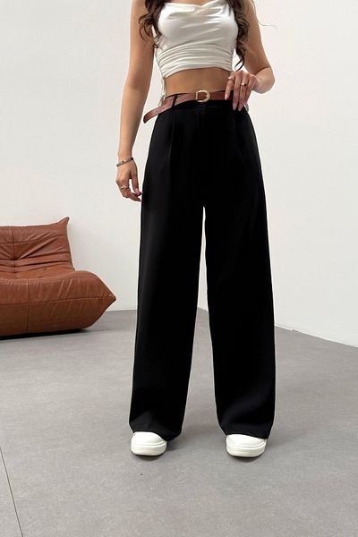 BİKELİFE Women's High Waist Belt Detailed Elastic Waist Loose Palazzo Fabric Trousers