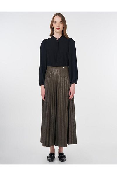 Kayra Polka Dot Patterned Pleated Skirt Khaki