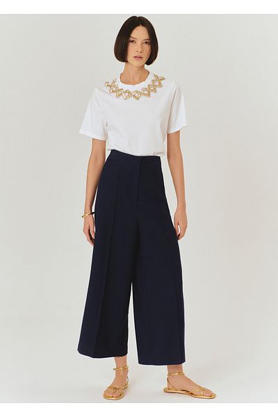 Exquise Navy Blue Culotte Trousers with High Waist and Wide Legs