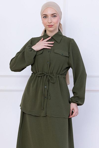 hafsamina Ayrobin Suit with Tie Waist Skirt Khaki Hm2734