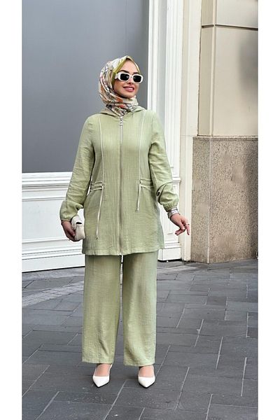 Nihle Ni̇hle 890-05-25 Hooded Pocket Detail Zippered Strawberry Fabric Suit with Trousers 38-48 Size
