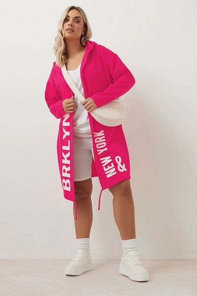 Stil Diva Large Size Hooded Long Sleeve Letter Printed Pocketless Cardigan 303983