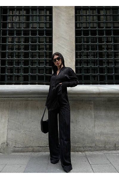 LB Laluna Butik Women's Jacquard Draped Fabric Shirt and Trousers Set