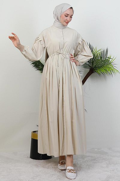GİYZAMİLA Pleated Princess Dress Beige