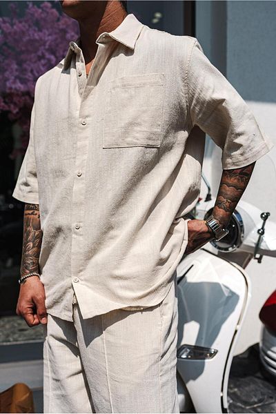 ablukaonline Men's Short Sleeve Washed Oversize Shirt Beige