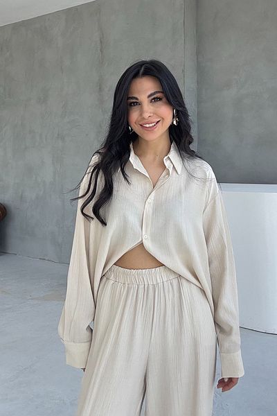 Seda Yalçın Atelier Set cămașă Alice bej și pantaloni largi