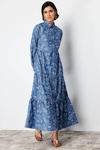 Trendyol Modest فستان قميص قطن نيلي - TCTSS24EB00091