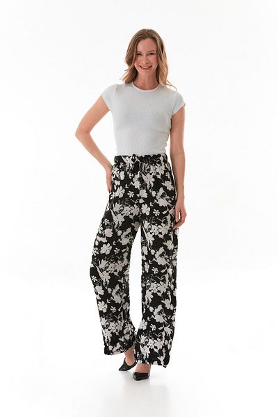 Fulla Moda Панталони Palazzo с шарени листа с еластична талия