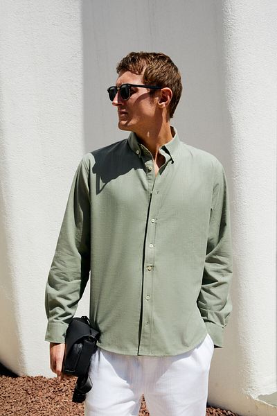 GRIMELANGE Yordı Men's Linen Look 100% Cotton Shirt Collar Cuffed Flared Regular Fit Khaki Shirt