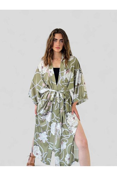 Retrobird Design Patterned Khaki Long Kimono