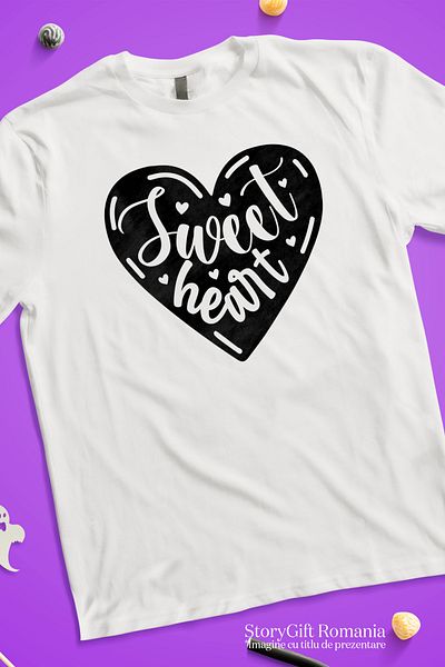 StoryGift Romania Women's T-shirt with hearts and the text "Sweet heart" - sweet beloved heart with prints WHT_L