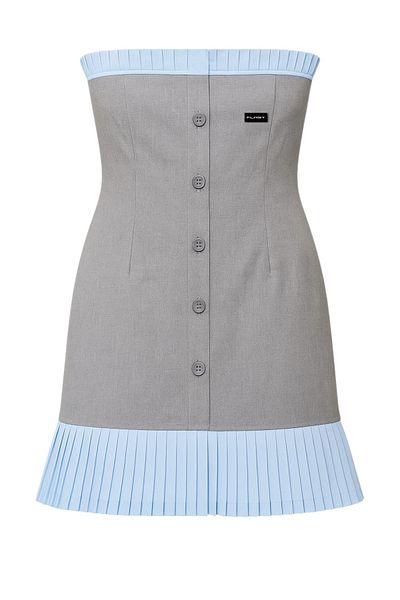 FLAST فستان نسائي أسود بدون حمالات بأزرار وتفاصيل طيات من نسيج القطن العضوي Stella Trend Mini Dress