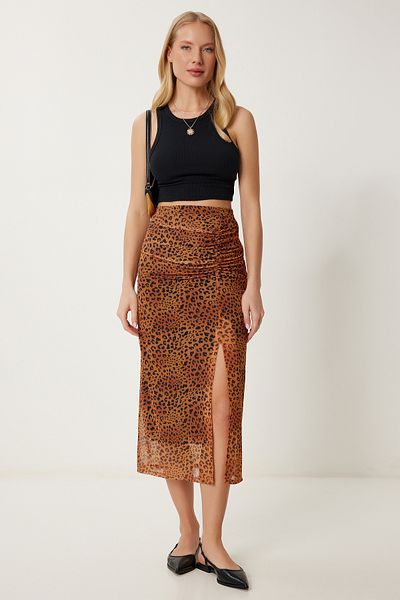 Happiness İstanbul Damen-Rock aus dehnbarem Chiffon mit Schlitz und Leopardenmuster in Camel CR00490