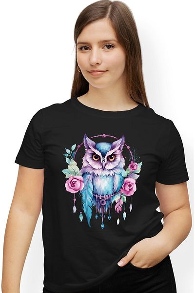 StoryGift Romania Women's T-shirt with an owl, evil eye, illustration, dreamcatcher, night, BLK_M