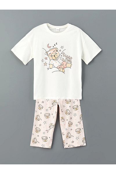 LC Waikiki Lcw Kids Ecru Crew Neck Girls Pajama Set