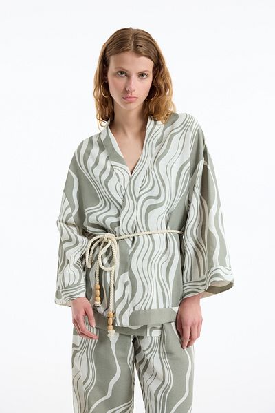 Quzu Wave Patterned Tied Linen Kimono Khaki