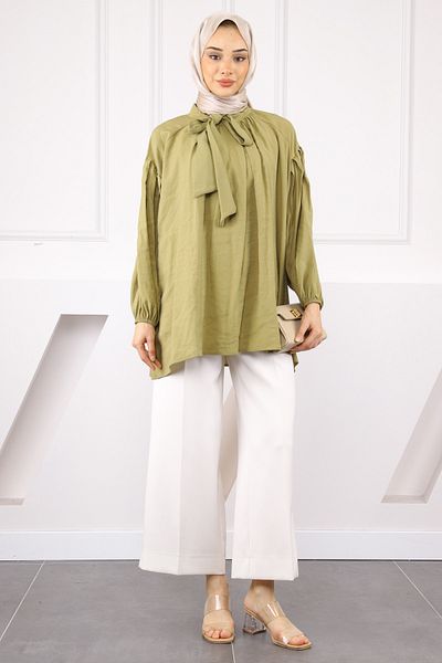 İmajButik Khaki Collar Detailed Balloon Sleeve Tunic